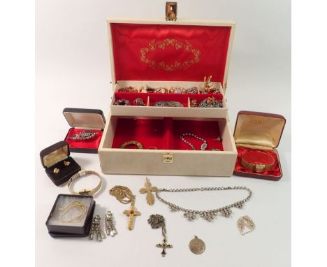 A jewellery box of costume jewellery including silver St Christopher and chain 