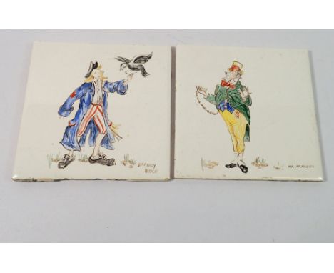 Two vintage H &amp; R Johnson tiles painted Dickens figures, 15.5cm sq 