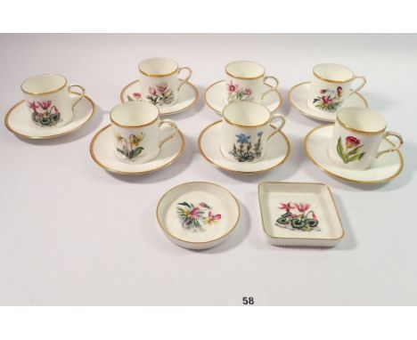 A Royal Worcester coffee set printed flowers comprising seven cups and saucers plus two pin dishes 
