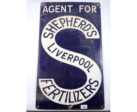 An enamel vintage sign 'Agent For Shepherd's Liverpool Fertilizers' 68 x 40cm 