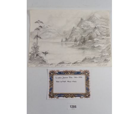 Leslie Cole - Pencil sketch of  mountain and lake scene - inscribed "Compliments glad you like watercolours", signed - unfram