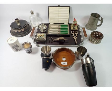 A collection of silver plated and other items including a Besway Steelite tray, Danish stirrup cups, wine bottle holder, pewt