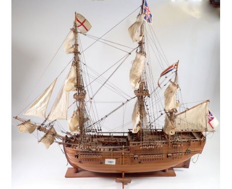 A wooden model three masted sailing ship, 78cm tall 