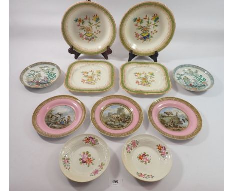 A Royal Worcester part dessert set, two 'Pekin' saucers, two floral painted creamware saucers and two Pratt Ware style plates