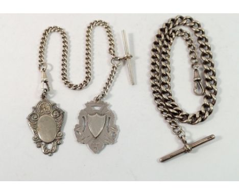 A silver shield form fob on silver plated chain with silver plated fob and a silver fob chain, total silver weight 51g approx