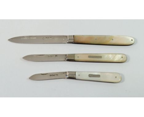 Three silver and mother of pearl folding fruit knives 