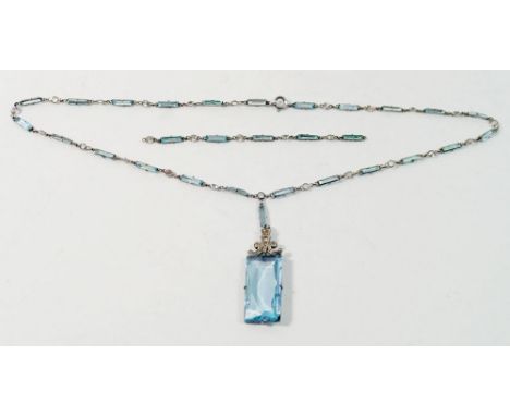 A French Art Deco Platinon 'aquamarine' and crystal glass pendant necklace (extra chain), stone 3cm x 1.5cm 