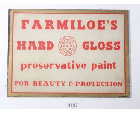 A vintage glass sign for 'Farmiloes Hard Gloss Preservative Paint for Beauty and Protection' Trade mark Nine Elms Brand, 20 x