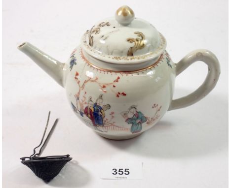 A Chinese 18th century famille rose teapot painted ladies and attendant in a garden 14cm tall with Chinese white metal hat fo