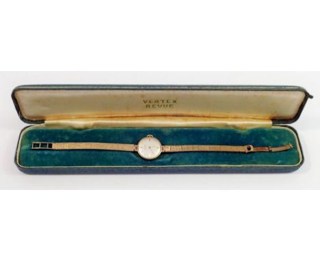 A 9 carat gold Vertex Revue ladies vintage watch on 9 carat gold strap, 16.5g 