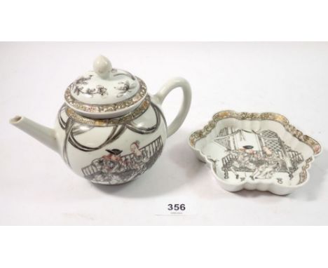 An 18th century Chinese porcelain export Jesuit teapot and stand, painted seated figures on a bench and dog, 12cm tall 