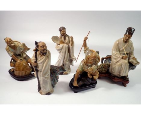 Five vintage Chinese Shiwan mudman pottery figures including fisherman, scholar etc. tallest 22cm high 