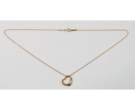 A Tiffany 18ct gold open heart pendant on chain, 40cm long, heart 1.5cm wide, 3.6g total&nbsp;