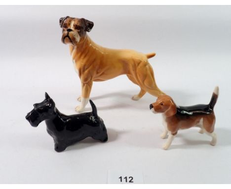 A Royal Doulton boxer dog, 14cm tall, a fox hound and black Scottie dog 