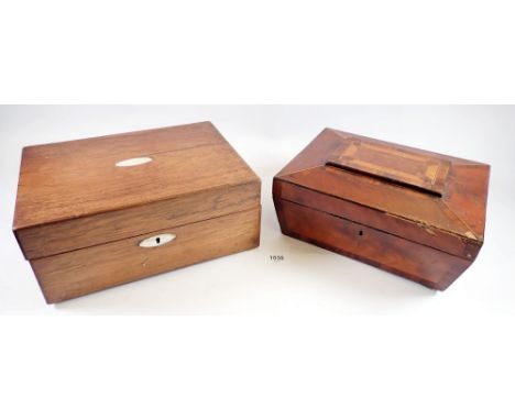 A 19th century work box with mother of pearl inlay to lid and another work box - both lacking interiors, 30cm wide 