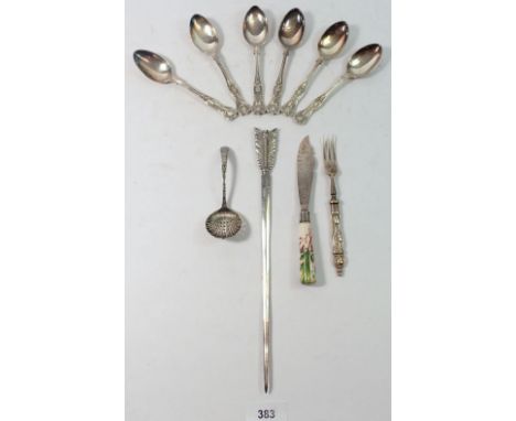 A silver plated arrow form paperknife and various silver plated cutlery 