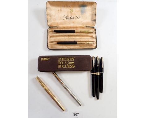 A group of vintage Parker pens including Parker '61' fountain pen and pencil, an 'Arrow roller ball Austin Rover' in box '17'