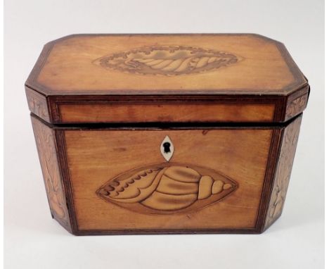 A George mahogany III tea caddy inlaid with satinwood shell to top and front, 19 x 10.5 x 12cm 
