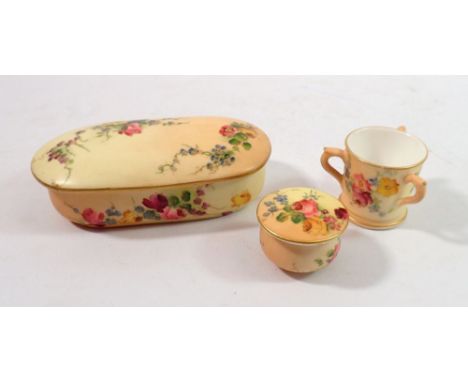A Royal Worcester miniature tyg 3.2cm tall, a miniature pot and lid and a trinket pot, all painted flowers on a cream blush g