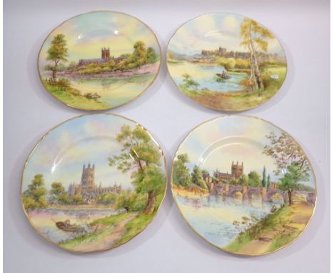 Four Royal Worcester plates painted Worcester Cathedral and Gloucester Cathedral by Telford, Hereford Cathedral by Jeff and W