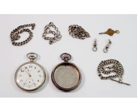 A silver pocket watch case with silver fob chain plus a silver plated Lip pocket watch and various loose white metal chains 