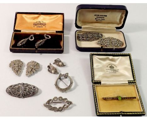 A group of vintage marcasite and paste brooches including one circular silver brooch, SJD earrings etc plus three antique jew