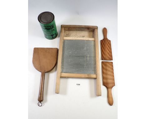 A group of kitchenalia, washboard, butter pats, chopping board 