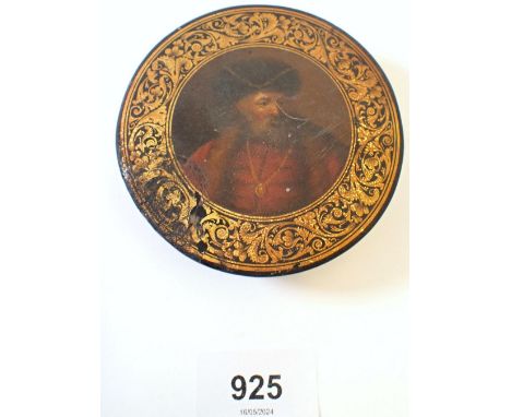 A 19th century paper mache snuff box with continental portrait of a gentleman 
