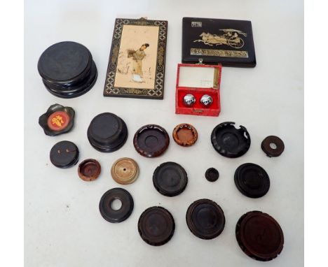 A collection of oriental items including wooden stands, lacquer box with mother of pearl inlay design etc. 