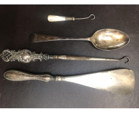 Silver spoon, silver button hook with mother of pearl handle, silver button hook & silver handled shoe horn 