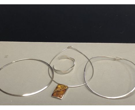 2 Silver chokers, silver necklace & pendant & silver bangle Weight 64g  
