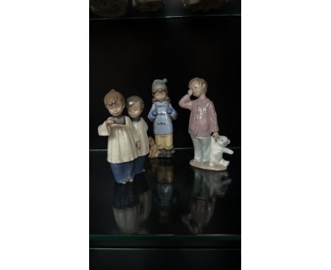 Set of four Nao by Lladró porcelain figurines, crafted in Spain. Glossy-glazed sculptures, marked and dated 1988.