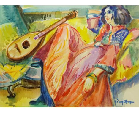 Freek van den Berg (Dutch 1918-2000): Lady with a Lute, watercolour signed also with artist's studio blind stamp 52cm x 69cmP