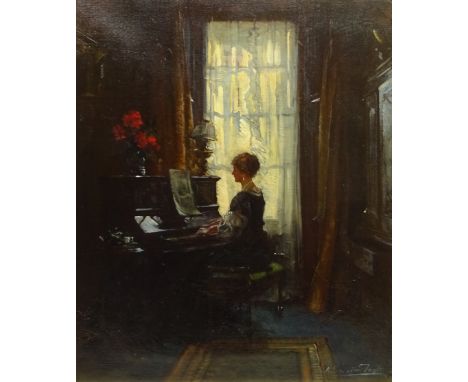 Albert Chevallier-Tayler (Newlyn School 1862-1925): Drawing Room Interior with Lady playing the Piano, oil on canvas, signed 