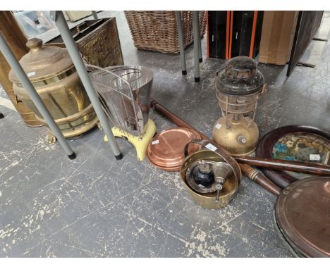 TWO COAL BUCKETS AND A MAGAZINE RACK, TOGETHER WITH WARMING PANS, A SMALL JAM PAN, TILLY LAMP ETC.