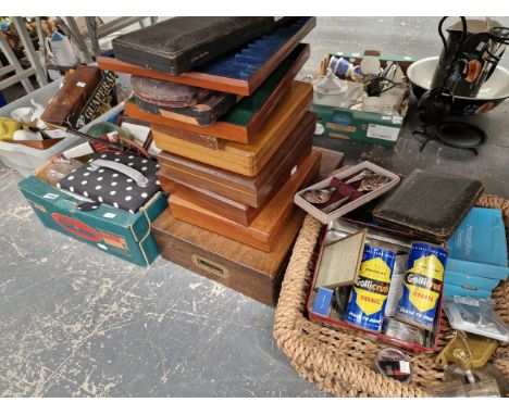 TEA WARES, VARIOUS CUTLERY BOXES, A TWO HANDLED BASKET, PRINTS, GLASSWARE, HALLMARKED SILVER HANDLED BUTTER KNIVES, TWO RARE 