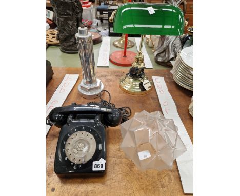 A DESK LAMP, A ART DECO LAMP AND A VINTAGE TELEPHONE.