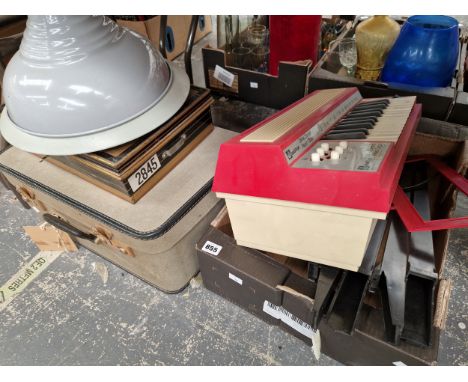 TWO INDUSTRIAL LIGHT SHADES, A TIN CASH BOX A BERNINA SEWING MACHINE AND A VINTAGE AUDITION ELECTRONIC REED ORGAN 