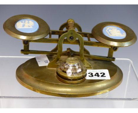 A SET OF BRASS LETTER SCALES AND WEIGHTS, THE PANS INSET WITH BLUE JASPER OVALS