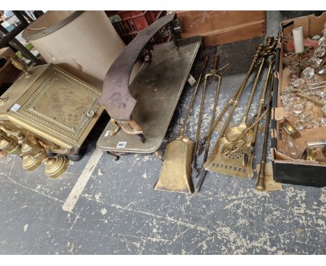 A VICTORIAN BRASS COAL BOX FIRE TOOLS AND A CHANDELIER 