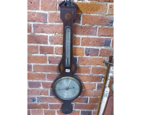 A ZENONE OF EDINBURGH SHELL AND ROSETTE INLAID MAHOGANY BANJO BAROMETER WITH AN ALCOHOL THERMOMETER ABOVE THE SILVERED DIAL