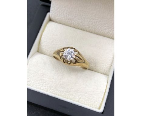 A 9ct HALLMARKED GOLD GENTS GYPSY SET CZ RING. FINGER SIZE T 1/2. WEIGHT 2.03grms. 