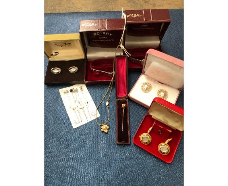 TWO CASED LADYS ROTARY WATCHES, STICK PINS, CUFFLINKS, CARDIN EARRINGS AND NAPIER PENDANT