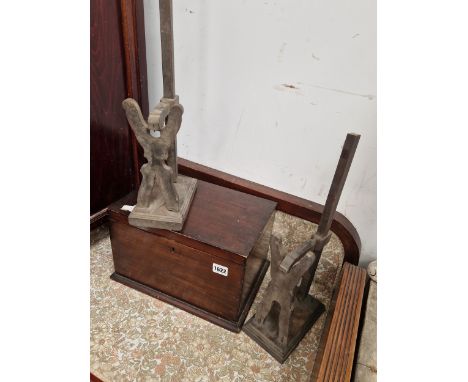 AN ANTIQUE PINE SMALL BOX AND TWO UNUSUAL TOOLS. 