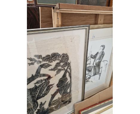 A PAIR OF SIGNED PRINTS THE CONDUCTOR AND THE PIANIST TOGETHER WITH A PAIR OF INDONESIAN RUBBING'S (4) 