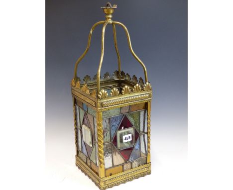 A VICTORIAN BRASS AND STAINED GLASS HALL LANTERN. 