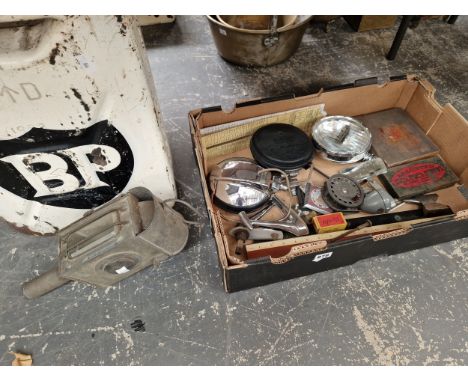 A MILITARY BP JERRY CAN, LUCAS DRIVING LIGHTS, A VINTAGE CARRIAGE LANTERN ETC.