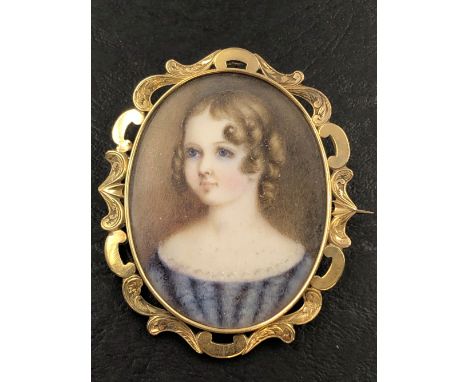 A PAINTED PORTRAIT MINIATURE BROOCH WITH A GLAZED BACK PANEL ENCLOSING WOVEN HAIR. MEASUREMENTS 6 X 5cms. 