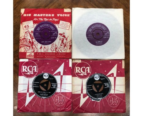 ELVIS PRESLEY - 9 x SINGLES PURPLE HMV LABELS AND RCA TRI-CENTRES INCLUDING LADY MISS CLAWDY - POP 408, ALL SHOOK UP - POP 35