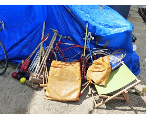 A VINTAGE CHILD'S BICYCLE, SCOOTER, POGO STICK, TENNIS RACKETS, CROQUET SET ETC